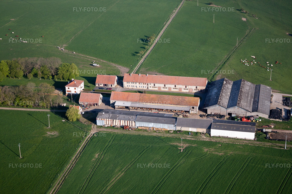 Luftbild: Ferme de Morainville in Rimling im Bundesland Moselle in Frankreich. – Foto: IMG_39657.jpg vom 16.04.2011 durch Werner Riehm/FLY-FOTO.de – Auflösung des Originals: 4752 x 3168 px