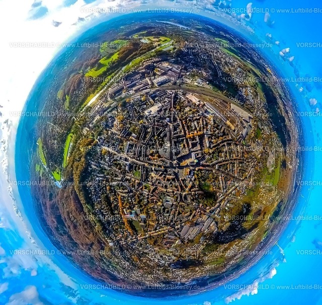 Witten231190032RathausBahnhofstrasse-topaz | Luftbild, Ortsansicht Witten Zentrum mit Rathaus und der Bahnhofstraße, Einkaufsstraße und Fußgängerzone mit Geschäftshäusern und Stadtgalerie, Hauptbahnhof Hbf, Deutsche Edelstahlwerke Specialty Steel GmbH & Co. KG Werksgelände, Waldgebiet Muttental am Fluss Ruhr, Erdkugel, Fisheye Aufnahme, Fischaugen Aufnahme, 360 Grad Aufnahme, tiny world, little planet, fisheye Bild, , Witten, Ruhrgebiet, Nordrhein-Westfalen, Deutschland