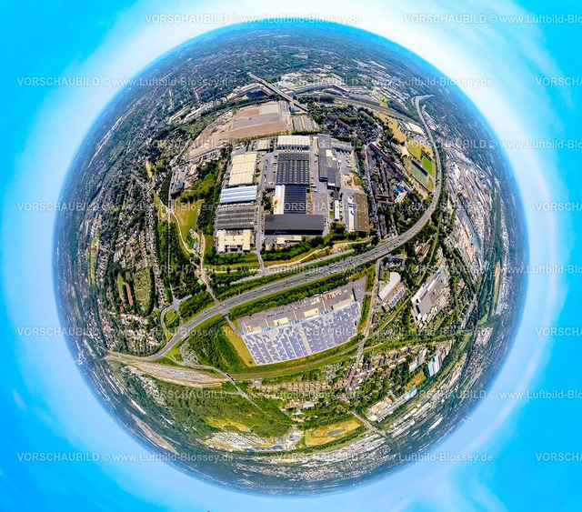 Gelsenkirchen240890582A42_GewerbeSchalke | Luftbild, Gewerbepark Schalke an der Hochkampstraße, Baustelle Baugebiet und Gewerbeflächen, Autobahn A42, Erdkugel, Fisheye Aufnahme, Fischaugen Aufnahme, 360 Grad Aufnahme, tiny world, little planet, fisheye Bild, Schalke-Nord, Gelsenkirchen, Ruhrgebiet, Nordrhein-Westfalen, Deutschland