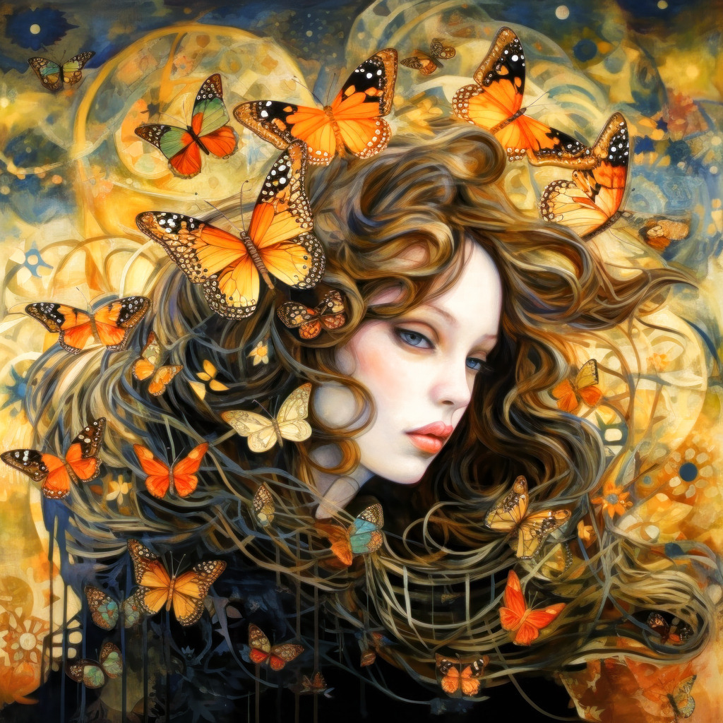 2308010 - Frau mit Schmetterlingen | Bestellen Sie dieses digitale fantasievolle Gemälde einer Frau mit Schmetterlingen als hochwertigen Kunstruck auf Leinwand, Acrylglas, Alu-Dibond oder als Poster.