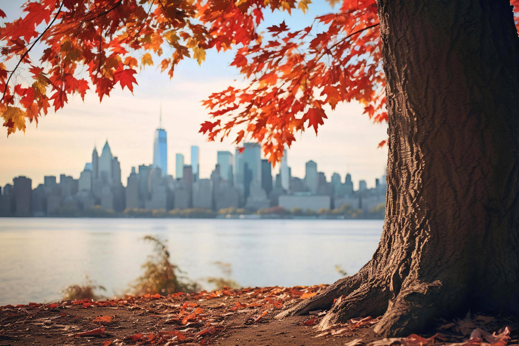 10240122 - Herbstliches New York | Ein herbstlicher Ahornbaum vor der Skyline Manhattans im Stil einer Fotografie.