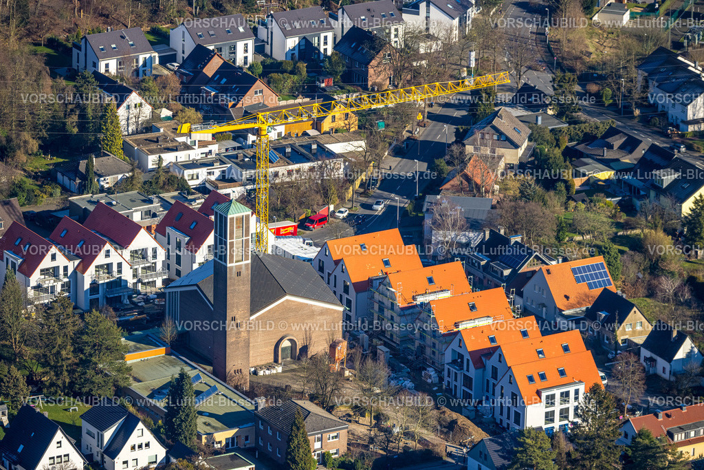 Muelheim230201446 | Luftbild, Kindergarten Lindenhof, und Kirche, Baustelle Wohnhäuser mit rotem Dach, Lindenhof Ecke Waldbleeke, Saarn - West, Mülheim an der Ruhr, Ruhrgebiet, Nordrhein-Westfalen, Deutschland