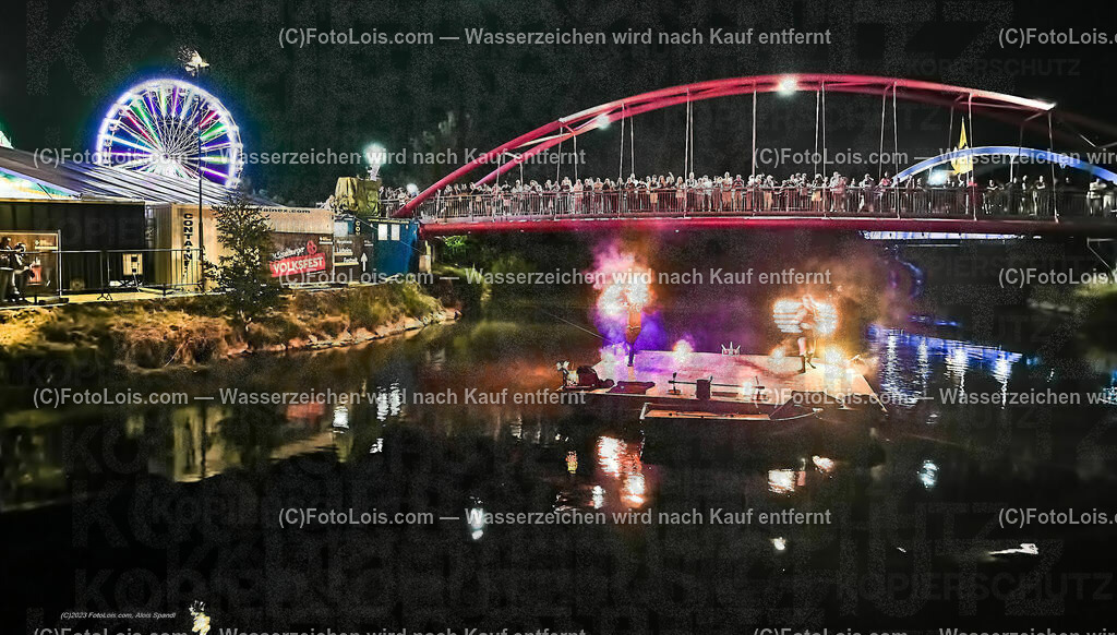 0509_Luftbild_VOLKSFEST-Wlbg_InselFeuer-Show | (C)FotoLois.com, Alois Spandl, Luftbild, Wieselburger VOLKSFEST neu, Feuershow auf der Erlaufinsel unter den Brücken, Do 29. Juni 2023.