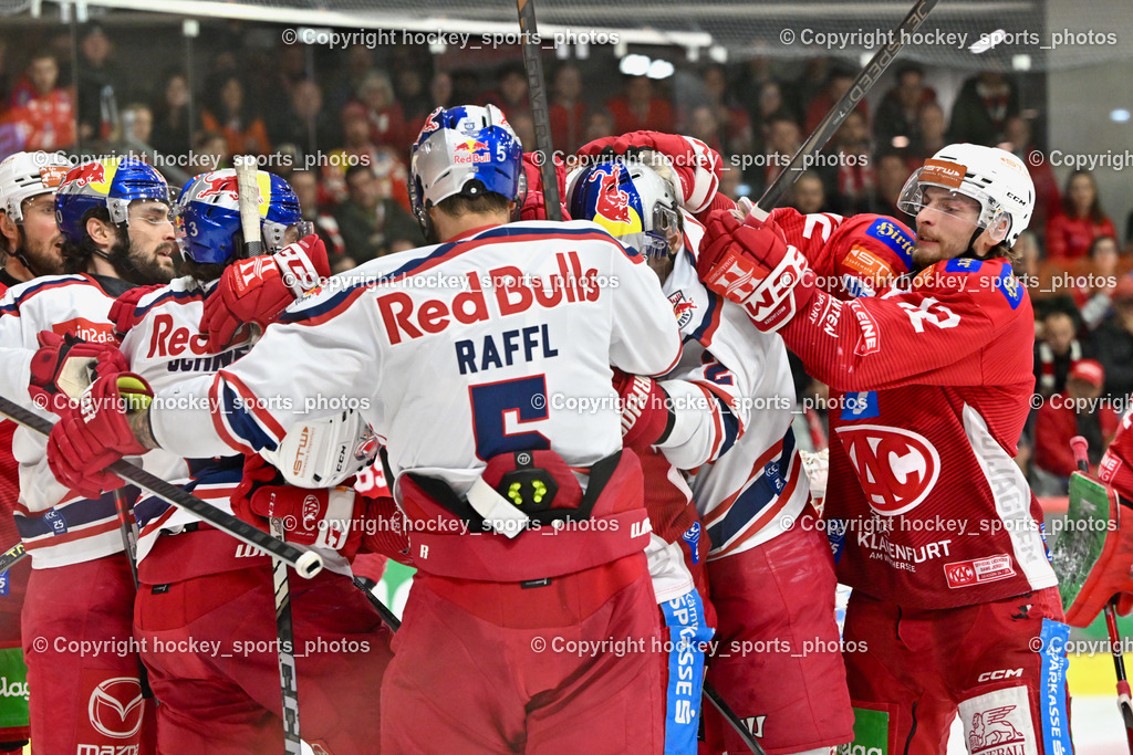 EC KAC vs. EC Red Bull Salzburb | #5 Raffl Thomas EC RED BULL SALZBURG,  #12 Maier David EC KAC, EC KAC vs. EC Red Bull Salzburb, EC KAC vs. EC Red Bull Salzburb am 04.04.2025 in Klagenfurt (Heidi Horten Arena), Austria, (Photo by Bernd Stefan)