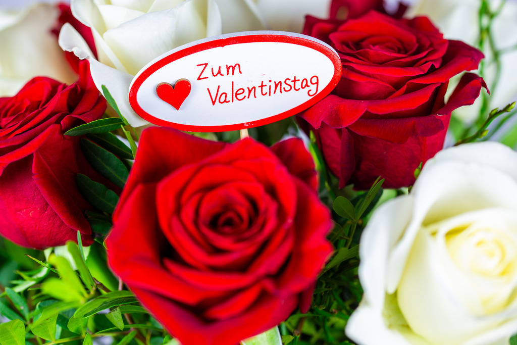 Valentinsgrüße: Herzliche Grüße zum Valentinstag mit einem Blumenstrauß mit weißen und roten Rosen  | Valentinsgrüße: Herzliche Grüße zum Valentinstag mit einem Blumenstrauß mit weißen und roten Rosen  - Realisiert mit Pictrs.com