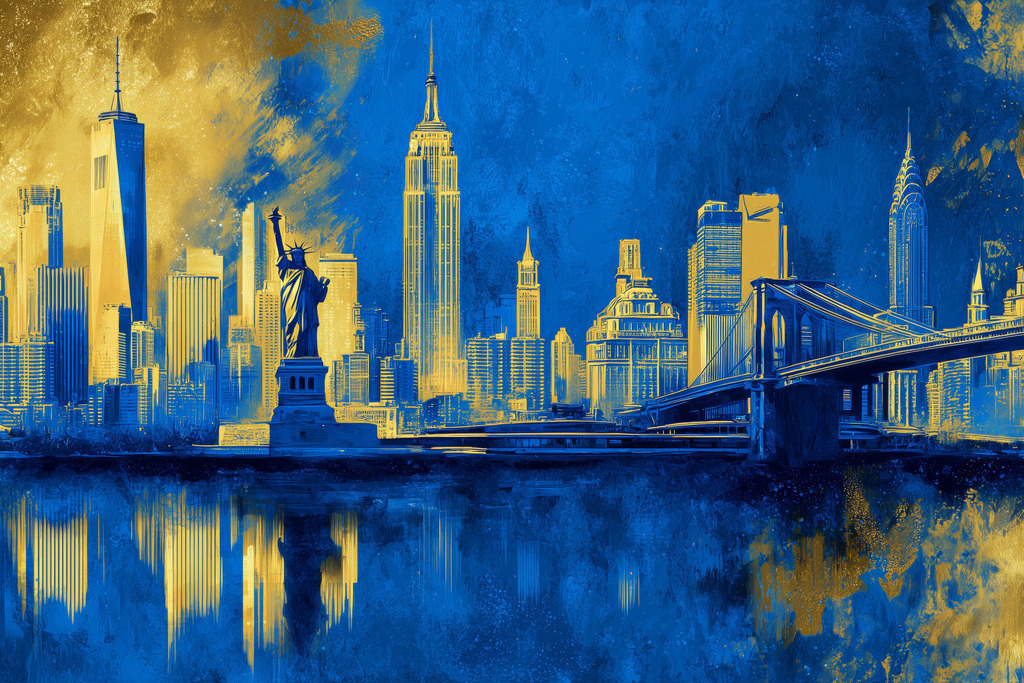 2603017 - New York Skyline in Blau und Gold | Moderne Manhattan Skyline und Freiheitsstatue in blauen und goldenen Farbtönen.