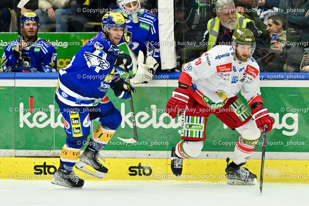 EC VSV vs. HC Bozen 16.2.2024 | #62 Tyler Steenbergen, #90 Di Perna Dylan, EC VSV vs. HC Bozen 16.2.2024, EC VSV vs. HC Bozen 16.2.2024 am 16.02.2024 in Villach (Stadthalle Villach), Austria, (Photo by Bernd Stefan)