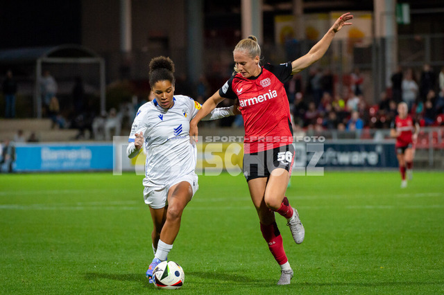 20241007NSZ_0038 | Zweikampf Josephine Bonsu (Carl Zeiss Jena,No.23) und Juliette Vidal (Bayer Leverkusen,No.56)DEU, Leverkusen, 07.10.2024 Fußball, Frauen, Google Pixel Frauen-Bundesliga, Saison 2024/2025, 5. Spieltag, Bayer 04 Leverkusen - FC Carl Zeiss JenaDIE DFB-RICHTLINIEN UNTERSAGEN JEGLICHE NUTZUNG VON FOTOS ALS SEQUENZBILDER UND/ODER VIDEOÄHNLICHE FOTOSTRECKEN - Realisiert mit Pictrs.com