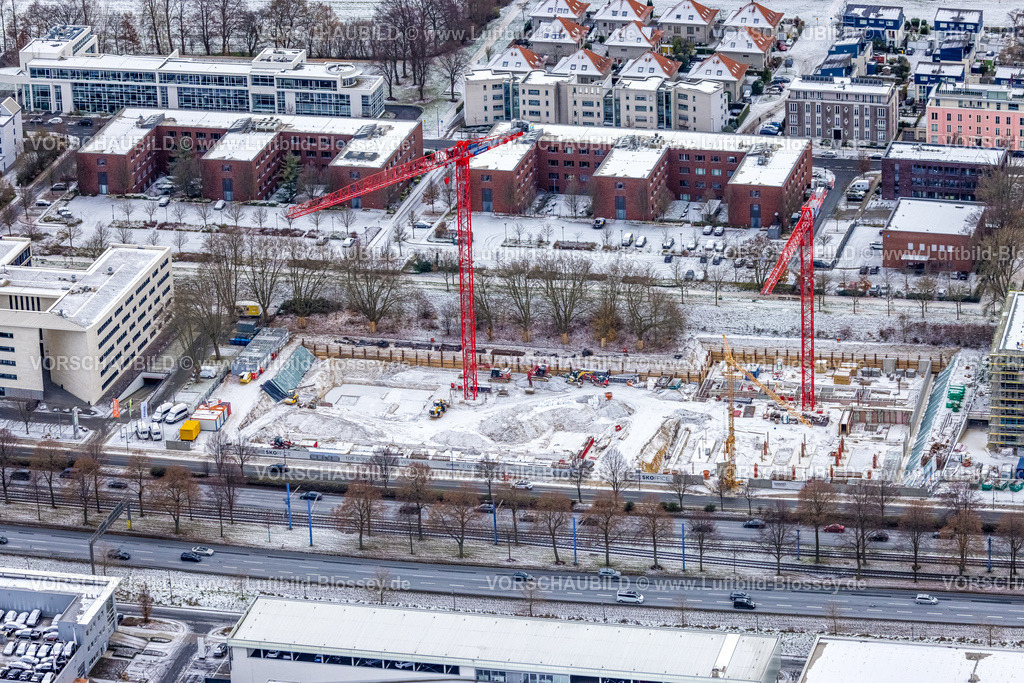 Dortmund221201781 | Luftbild, Winterliche schneebedeckte Stadtkrone-Ost Baustelle und Baufläche, Kreuz Westfalendamm B1 und B236, Wambel, Dortmund, Ruhrgebiet, Nordrhein-Westfalen, Deutschland