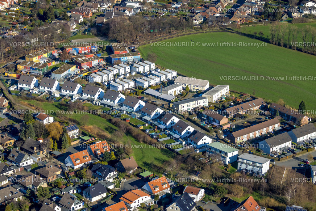 Luenen230204468 | Luftbild, Wohnsiedlung Am Calversbach, Emscherpark Projekt, bunte Hausfassaden, Brambauer, Lünen, Ruhrgebiet, Nordrhein-Westfalen, Deutschland
