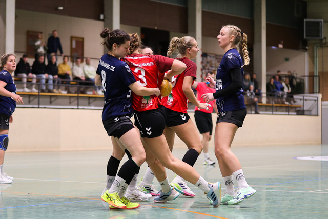 Handball I Damen I Saison 2025-2026 I Verbandsliga Süd I HSG Kalkberg 06 - MTV Dänischenhagen I 14.12.2025.28 | v.l. Myna Klee (8, HSG Kalkberg 06), Linda Schulz (3, MTV Dänischenhagen), Franziska Hänisch (3, HSG Kalkberg 06) - Realisiert mit Pictrs.com