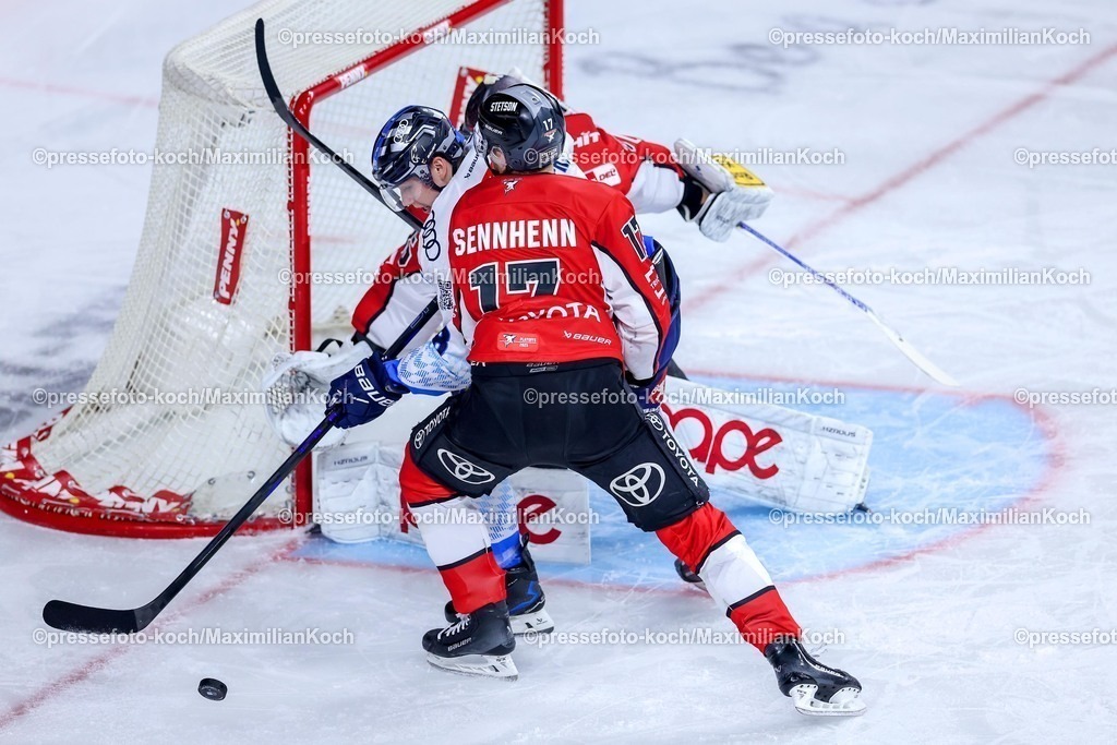 KEC1404251069 | 14.04.2025, Eishockey, DEL Play-offs, Kölner Haie - ERC Ingolstadt, Halbfinale Spiel 6, Lanxess-Arena Köln: Julius Hudacek (Kölner Haie #35) und Jan Luca Sennhenn (Kölner Haie #17) im Zweikampf gegen Philipp Krauß (ERC Ingolstadt #8) 