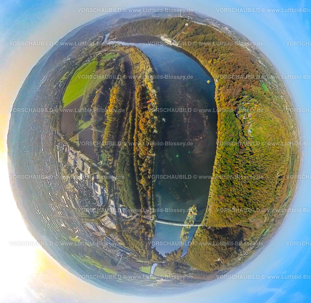 Hagen221020011Hengsteysee | Luftbild, Hengsteysee, Waldgebiet Ardeygebirge in Herbstfarben, Ortsteil Hagen-Bathey, Fisheye Aufnahme, Fischaugen Aufnahme, 360 Grad Aufnahme, Boele, Hagen, Ruhrgebiet, Nordrhein-Westfalen, Deutschland