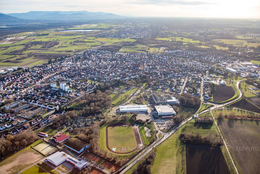 Luftbild: Keltenhalle im Ortsteil Mörsch in Rheinstetten im Bundesland Baden-Württemberg in Deutschland. Foto: IMG_085958.jpg vom 06.02.2016 durch Werner Riehm/FLY-FOTO.de