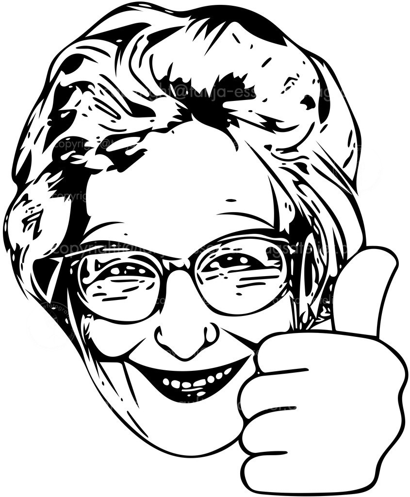 grossmutter_daumen D | Freundliche Großmutter zeigt Daumen hoch als Outline Illustration