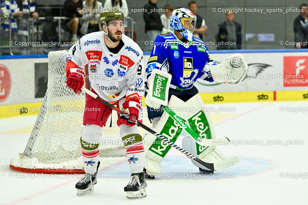 EC IDM Wärmepumpen VSV vs. HC Bozen 19.9.2023 | #9 Mantenuto Daniel, #1 Jean-Philippe Lamoureux, 1win2day icehockeyleague, EC IDM Wärmepumpen - HC Bozen  am 19.09.2023 in Villach (Stadhalle Villach), Austria, (Photo by Bernd Stefan)