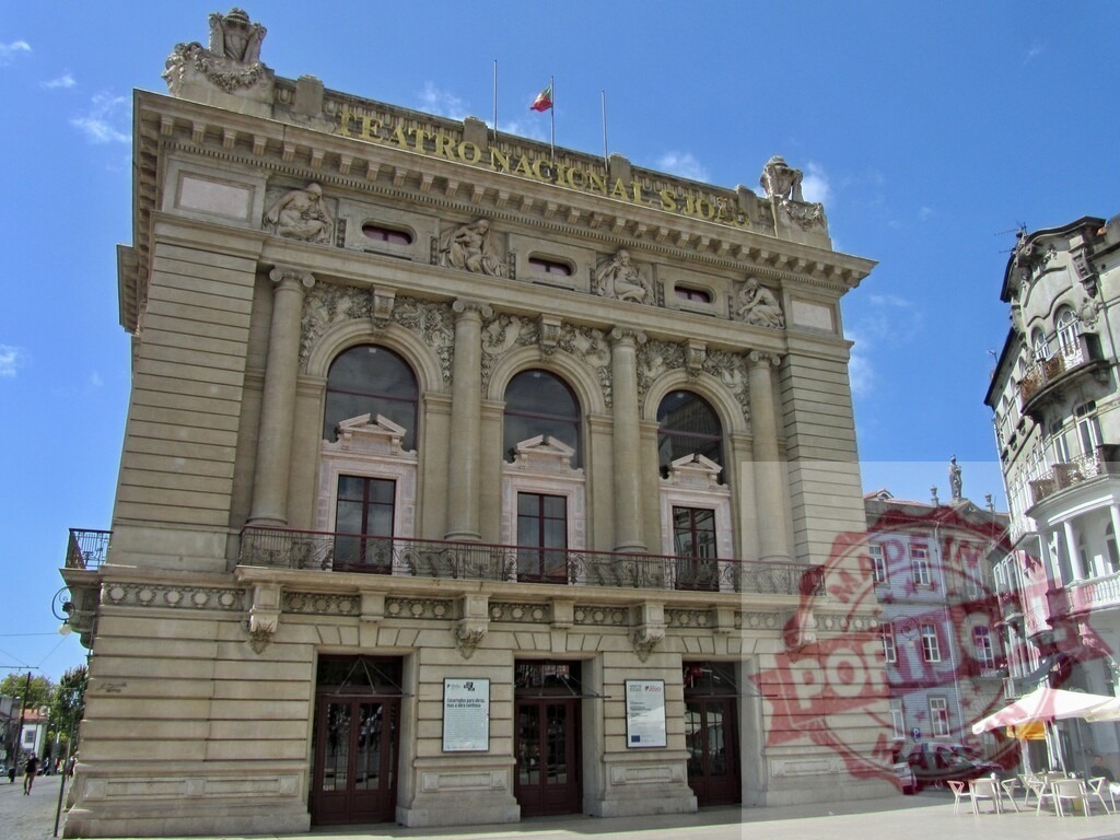 Teatro Nacional São João building in Porto, Portugal | Ornate neoclassical architecture of the historic national theater standing under a clear blue sky - Realized with Pictrs.com