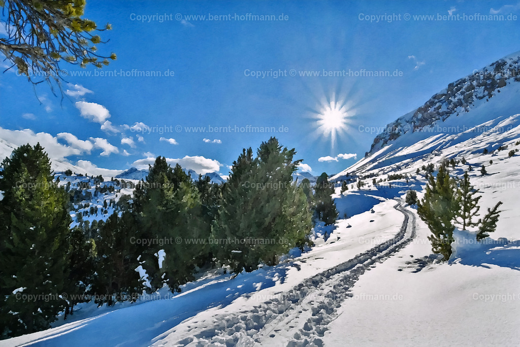 PAD2_RH_Schneeschuhtrail_120x80 | DIGITALKUNST. Schneeschuh-Trail bei der Alp Buffalora am Ofenpass zwischen Zernez im Engadin und Tschierv im Val Müstair. 
__ Das Basisfoto für dieses malerisch verwandelte Werk hat der Schweizer Hobbyfotograf Rene Hinder gemacht und es Bernt Hoffmann für dessen Kunstpart zur Verfügung gestellt. - Realisiert mit Pictrs.com