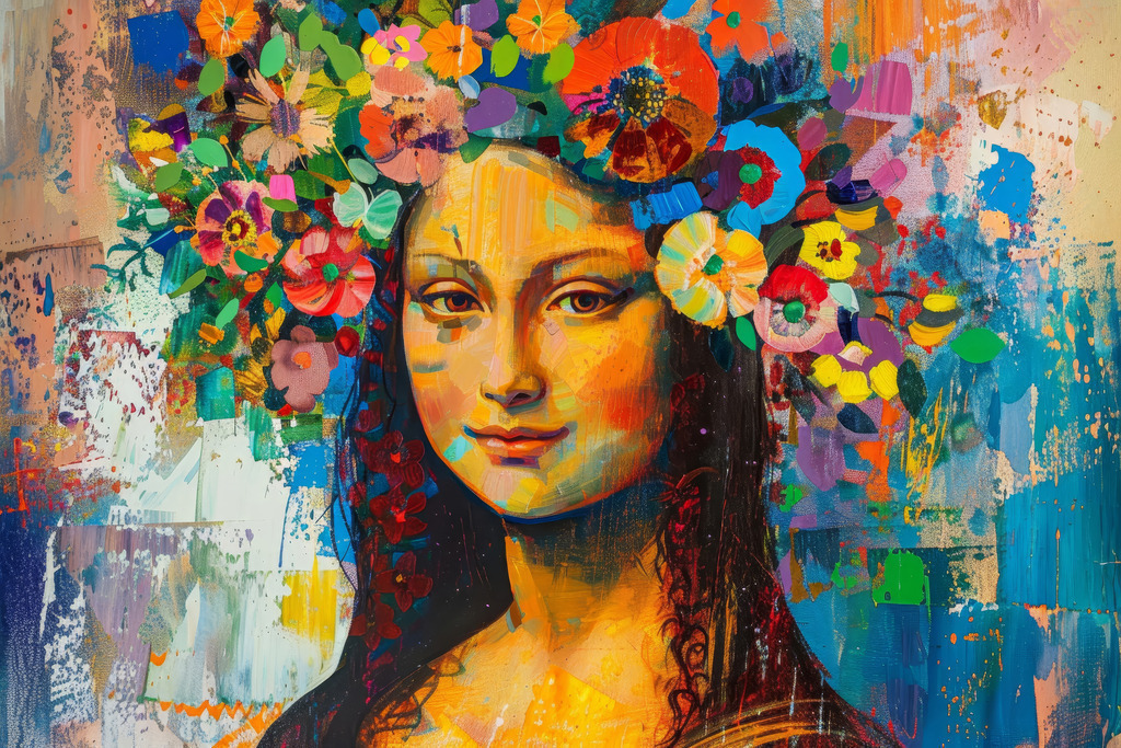 2405005 - Flora Lisa | Mona Lisa Porträt mit bunten floralem Kopfschmuck.