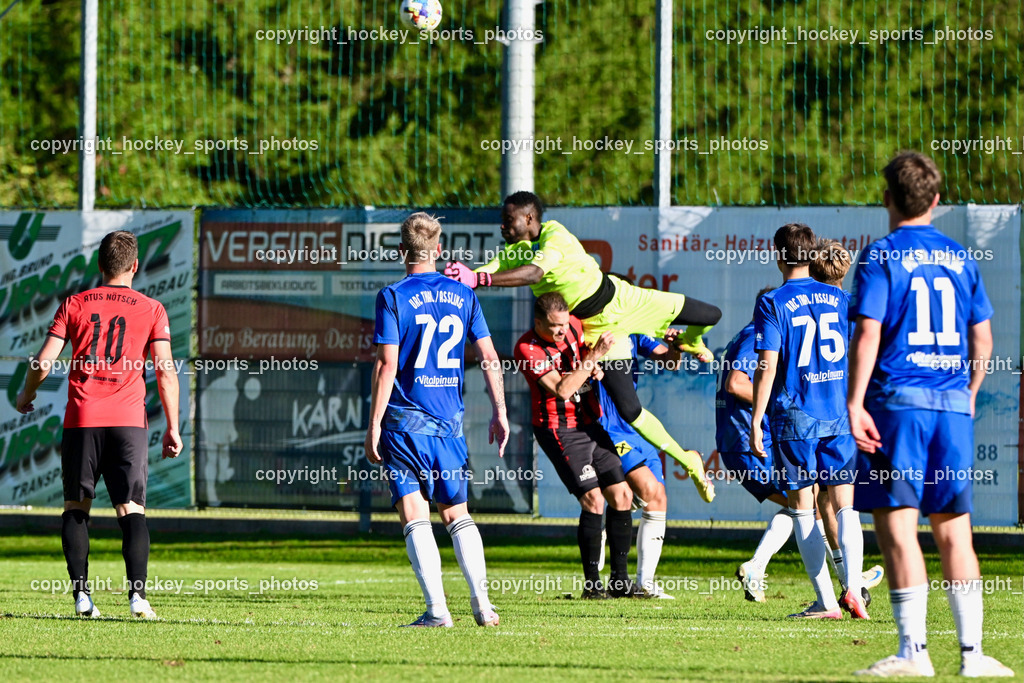 ATUS Nötsch vs. Thal Assling | #10 Andreas Orter ATUS Nötsch, #72 Ziga Anzelj Thal Assling, #99 Ayotunde Ezekiel Ikuepamitan Thal Assling, Flugeinlage, #9 Raphael Nageler ATUS Nötsch, #75 Domenico Calcagnile Thal Assling, #11 Pascal Oliver Kofler Thal Assling, ATUS Nötsch vs. Thal Assling, ATUS Nötsch vs. Thal Assling am 31.08.2025 in Nötsch (Dobratsch Arena), Austria, (Photo by Bernd Stefan)