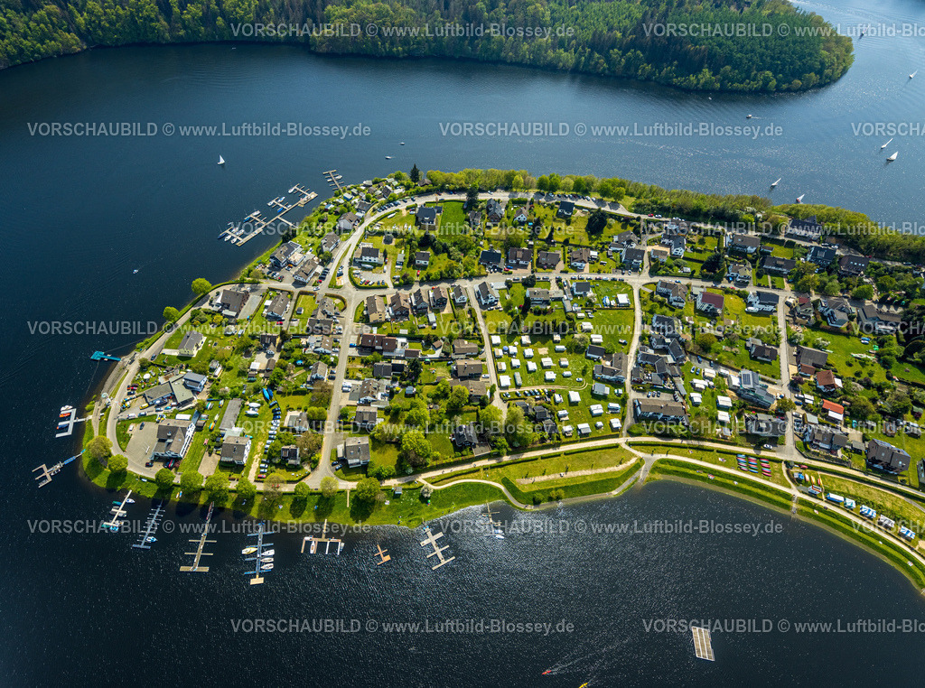 Simmerath240501939Rursee | Luftbild, Campingplatz Woffelsbach und Wohngebiet Ortsteil Woffelsbach, Fluss Rur und Rursee mit Segelbooten, Bootsanlegestellen, Nordeifel Nationalpark Eifel, Woffelsbach, Simmerath, Nordrhein-Westfalen, Deutschland