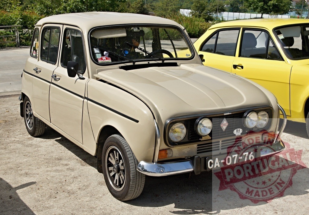 Beige Renault 4 vintage automobile at classic car show | Beige Renault 4 hatchback parking on gravel during a vintage car exhibition - Realized with Pictrs.com