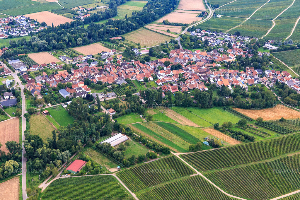 Luftbild: Ortsansicht aus Norden im Ortsteil Heuchelheim in Heuchelheim-Klingen im Bundesland Rheinland-Pfalz in Deutschland. Foto: IMG_128512.jpg vom 21.08.2021 durch Werner Riehm/FLY-FOTO.de