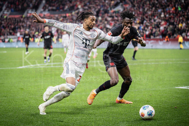 German Bundesliga, Bayer 04 Leverkusen vs. FC Bayern München, 14.03.2026 | LEVERKUSEN, GERMANY - MARCH 14:  Michael Olise (FC Bayern Muenchen, 17) is challenged by  Edmond Tapsoba (Bayer 04 Leverkusen, 12) during the German Bundesliga match on gameday 26 between Bayer 04 Leverkusen vs. FC Bayern München at BayArena on March 14, 2026 in Leverkusen, Germany. DFL REGULATIONS PROHIBIT ANY USE OF PHOTOGRAPHS AS IMAGE SEQUENCES AND/OR QUASI-VIDEO.