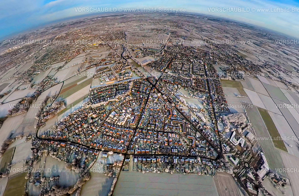 Hamm221290020Berge | Luftbild von Hamm im Schnee, winterlicher Ortsteil Berge, fisheye, Fisheye Aufnahme, Fischaugen Aufnahme, 360 Grad Aufnahme, Uentrop, Hamm, Ruhrgebiet, Nordrhein-Westfalen, Deutschland