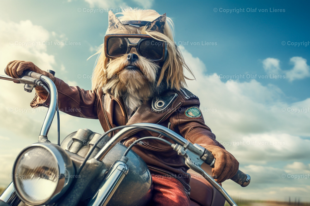 cooler Hund mit Sonnenbrille auf Motorrad | Hund als Biker