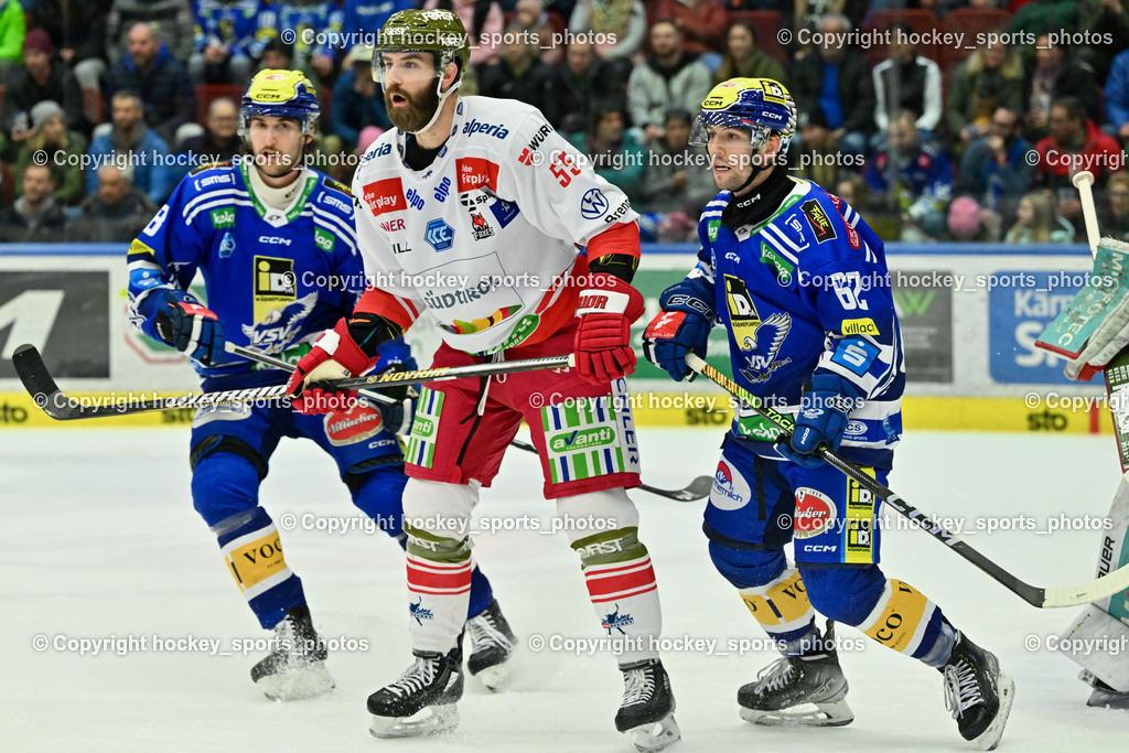 EC VSV vs. HC Bozen 16.2.2024 | #8 REBERNIG Maximilian,  #55 Vandane Davis, #62 Tyler Steenbergen, EC VSV vs. HC Bozen 16.2.2024, EC VSV vs. HC Bozen 16.2.2024 am 16.02.2024 in Villach (Stadthalle Villach), Austria, (Photo by Bernd Stefan)