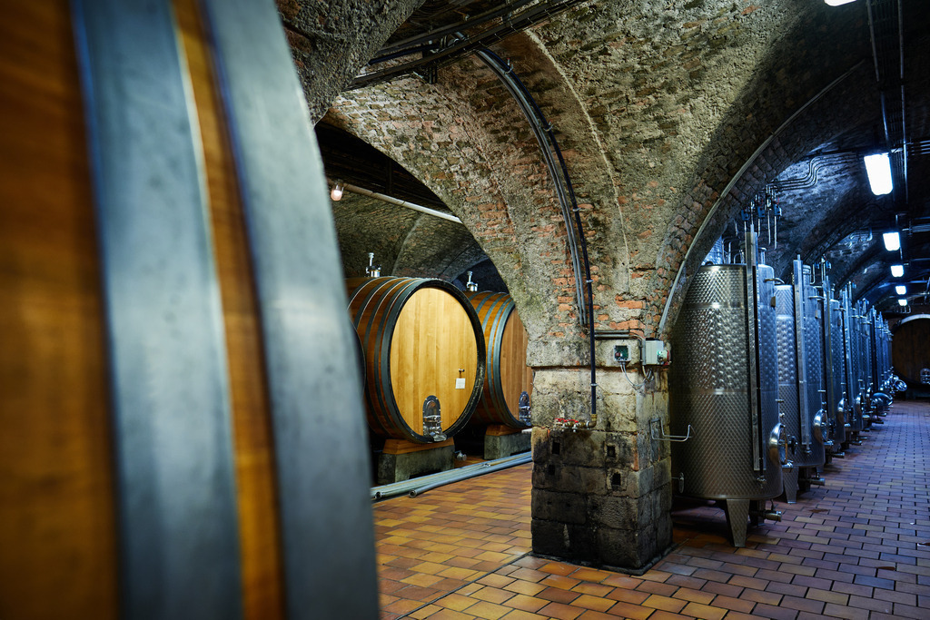 Stift Klosterneuburg | Niederösterreich, Austria - August 31, 2021; Stift Klosterneuburg; Holzfaesser und Stahltanks im Weinkeller. - Realisiert mit Pictrs.com