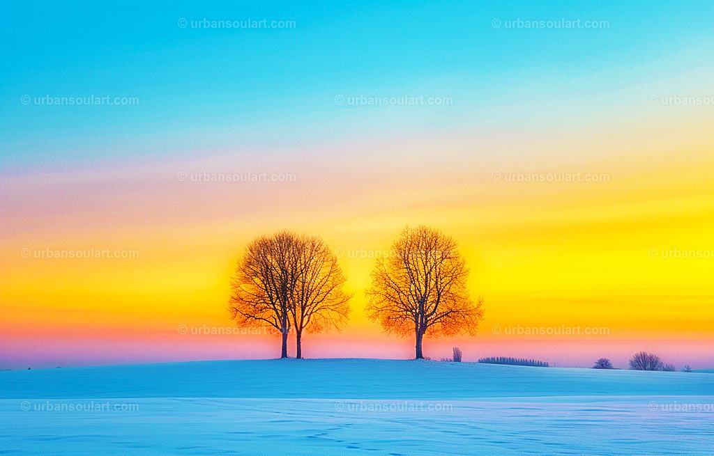 Winter Landscape Sunrise With Three Trees | A stunning winter sunrise with silhouettes of three bare trees against a colorful sky. Ideal for adding a touch of seasonal beauty and calm to your space. - Realisiert mit Pictrs.com