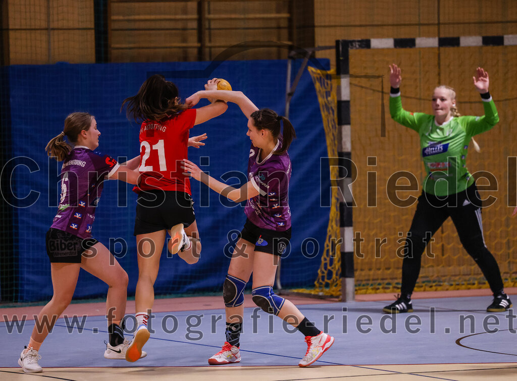 2025-01-18_076_SpVgg_Altenerding_gegen_TV_Altoetting | Erding, Deutschland, 18.01.2025:Handball, Bezirksoberliga Frauen Altbayern 2024 / 2024, 11. Spieltag, SpVgg Altenerding gegen TV Altötting, Endergebnis: 19:24Marlene Mittermeier (SpVgg Altenerding, #6), Eva Taubeneder (TV Altötting, #21), Julia Kranich (SpVgg Altenerding, #9), Torfrau Hanna Obermair (SpVgg Altenerding, #1)Foto: Christian Riedel / fotografie-riedel.net