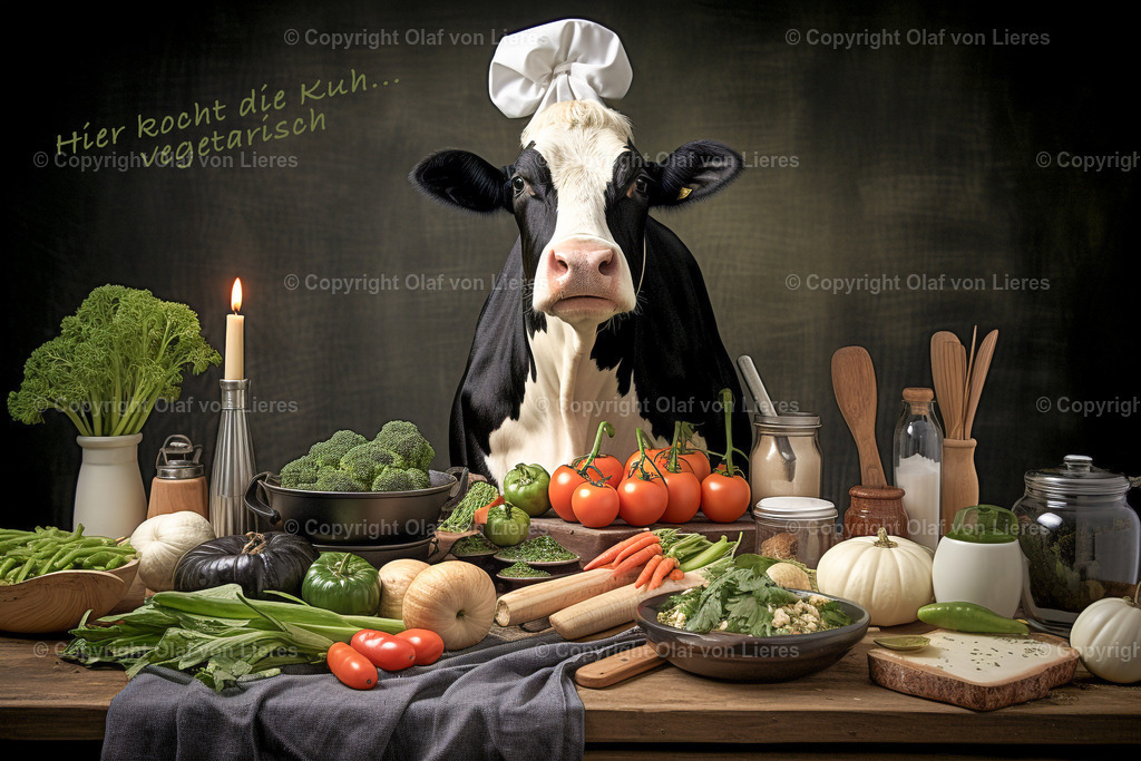 Kuh mit Kochschürze in der Küche | Kuh als Koch mit Gemüsesorten