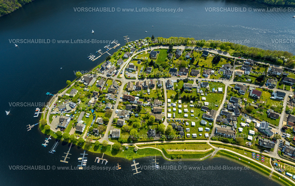 Simmerath240501946Rursee | Luftbild, Campingplatz Woffelsbach und Wohngebiet Ortsteil Woffelsbach, Fluss Rur und Rursee mit Segelbooten, Bootsanlegestellen, Nordeifel Nationalpark Eifel, Woffelsbach, Simmerath, Nordrhein-Westfalen, Deutschland