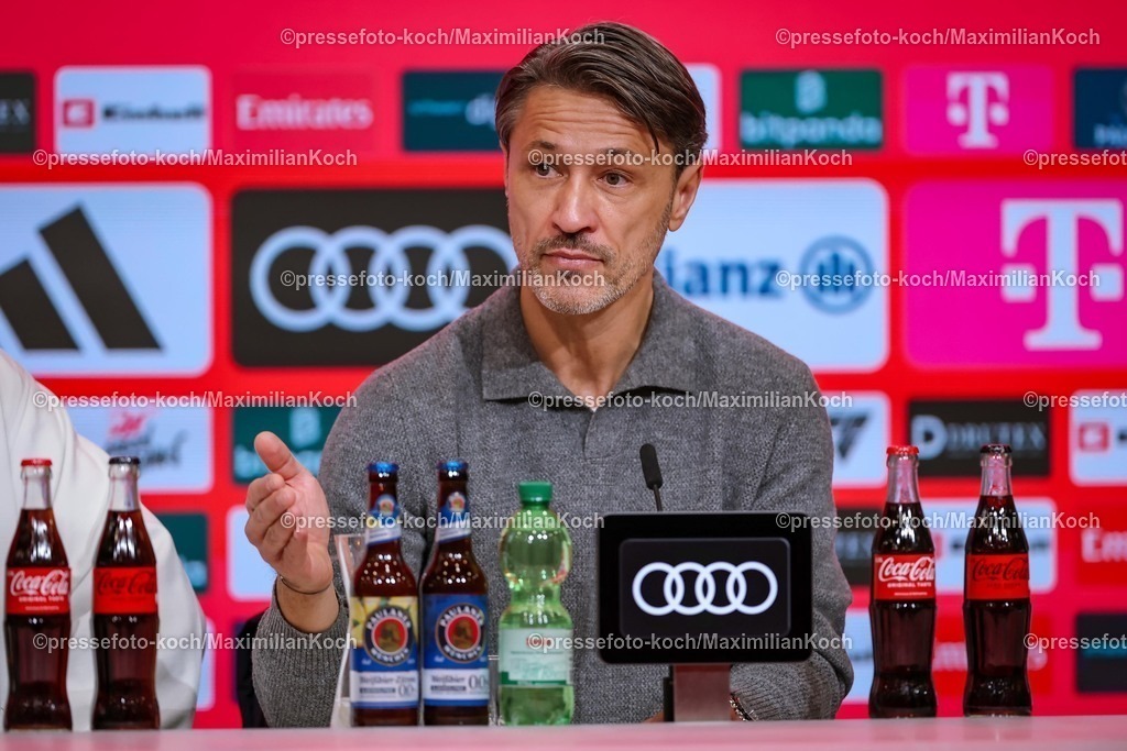 FCB18102501214 | 18.10.2025, Fußball, FC Bayern München - Borussia Dortmund, 1. Fußball Bundesliga, 7. Spieltag, Allianz Arena, Saison 2025 2026: Die Pressekonferenz mit den Trainern nach dem Spiel - Cheftrainer Niko Kovac (BVB #hc) mit deutlicher Kritik am Schiedsrichter DFB regulations prohibit any use of photographs as image sequences and or quasi-video.