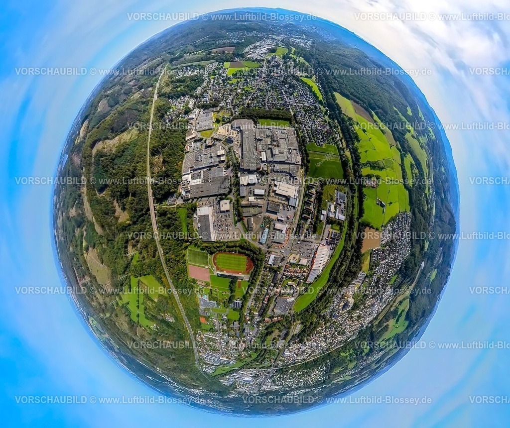 Arnsberg230990211SauerlaenderSpanplatten | Luftbild, Gewerbegebiet Am Westring, Duropal GmbH Sauerländer Spanplattenwerk, Erdkugel, Fisheye Aufnahme, Fischaugen Aufnahme, 360 Grad Aufnahme, tiny world, Bruchhausen, Arnsberg, Sauerland, Nordrhein-Westfalen, Deutschland