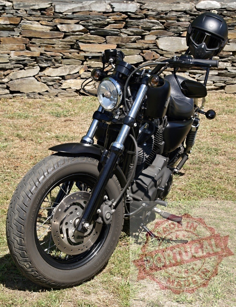 Black Harley-Davidson Motorcycle Parked near Stone Wall with Helmet on Handlebars | Stylish black Harley-Davidson motorcycle parked on grass near a stone wall, featuring a helmet resting on the handlebars - Realized with Pictrs.com
