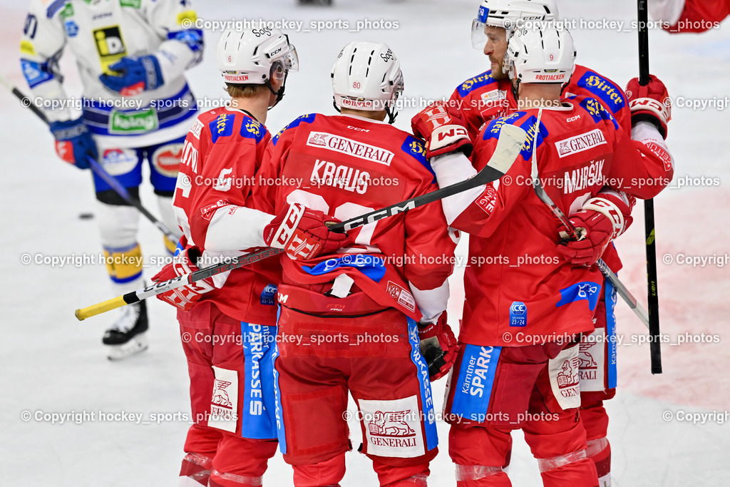 EC KAC vs. EC IDM Wärmepumpen VSV 5.11.2023 | Jubel EC KAC Mannschaft, #6 Sablattnig Tobias, #80 Kraus Nikolaus, #9 Mursak Jan