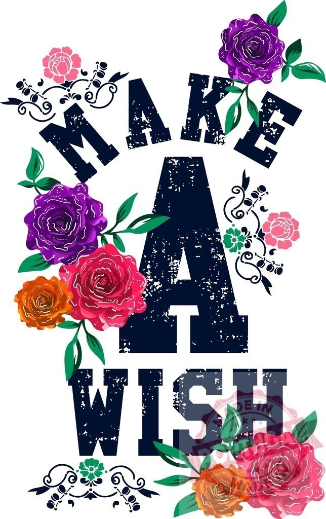 Make A Wish typographic design with colorful flowers | Distressed typography spelling Make A Wish with vibrant roses and floral ornaments - Realized with Pictrs.com