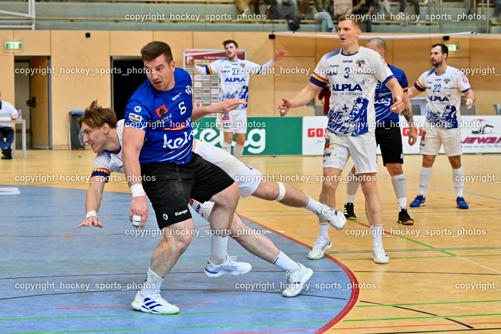 SC Ferlach vs. ALPLA HC Hard | #6 Nosan Blaz SC Ferlach, #3 Antanavicius Karolis SC Hard, #47 FRITSCH Lukas SC Hard, SC Ferlach vs. ALPLA HC Hard, SC Ferlach vs. ALPLA HC Hard am 05.04.2025 in Ferlach (Ballspielhalle Ferlach), Austria, (Photo by Bernd Stefan)