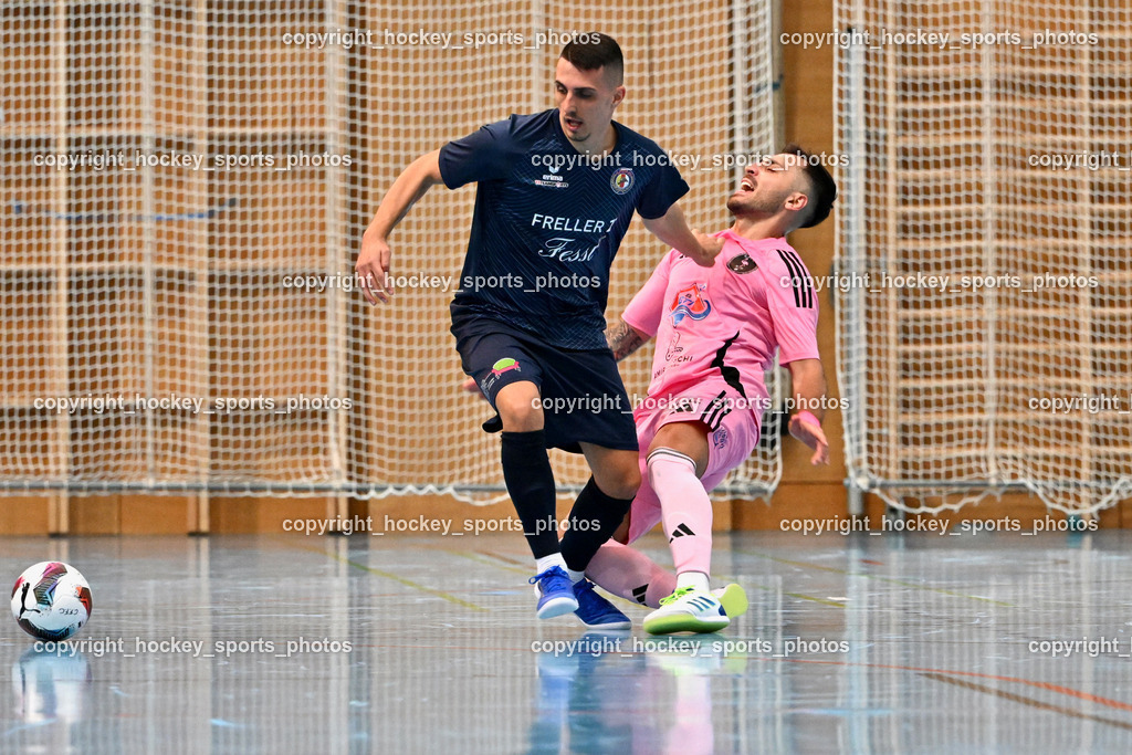 Carinthia Flamengo Futsal Club vs. LPSV-K | #5 Amir Beganovic LPSV-K, #70 Yosifov Svetlozar Angelov Carinthia Flamengo, Carinthia Flamengo Futsal Club vs. LPSV-K, Carinthia Flamengo Futsal Club vs. LPSV-K am 03.11.2024 in Klagenfurt (Ballspielhalle Viktring), Austria, (Photo by Bernd Stefan)