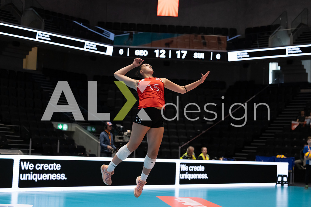 Georgia v Switzerland - CEV European League Women | KRIENS, SWITZERLAND - JUNE 12: MARIAM MUSHKUDIANI of Georgia serve during the CEV European League match between Georgia and Switzerland at Pilatus Arena on June 12, 2026 in Kriens, Switzerland. - Realisiert mit Pictrs.com