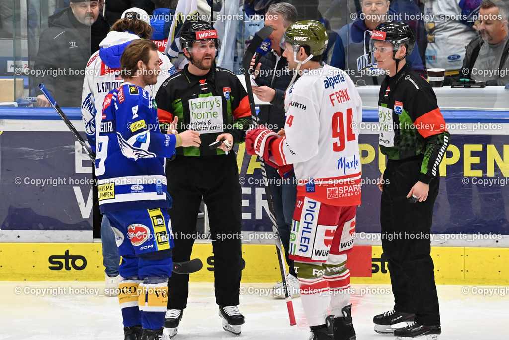 EC VSV vs. HC Bozen 16.2.2024 | #9 RAUCHENWALD Alexander, #94 Frank Daniel, Nicolic Manuel, Huber Andreas, Referees, EC VSV vs. HC Bozen 16.2.2024, EC VSV vs. HC Bozen 16.2.2024 am 16.02.2024 in Villach (Stadthalle Villach), Austria, (Photo by Bernd Stefan)