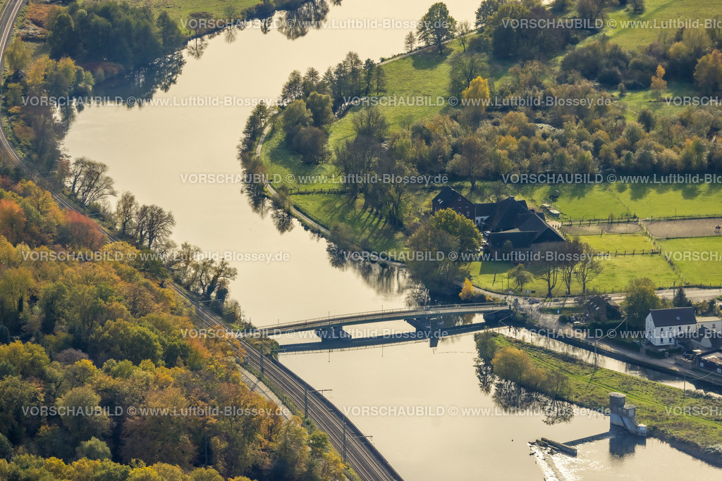 Bochum221100712 | Luftbild, Fluss Ruhr an der Schwimmbrücke Dahlhausen mit Schleuse Dahlhausen, Dahlhausen in Bochum, Ruhrgebiet, Nordrhein-Westfalen, Deutschland