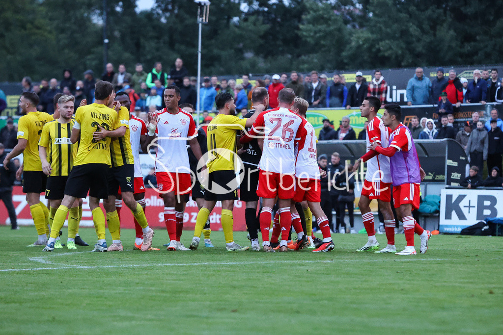 DJK Vilzing - FC Bayern Amateure | Jubel der Hausherren nach dem Sieg gegen die Kleinen Bayern / Provokation / Rudelbildung / Schlusspfiff / Freude / Sieg / Sieger