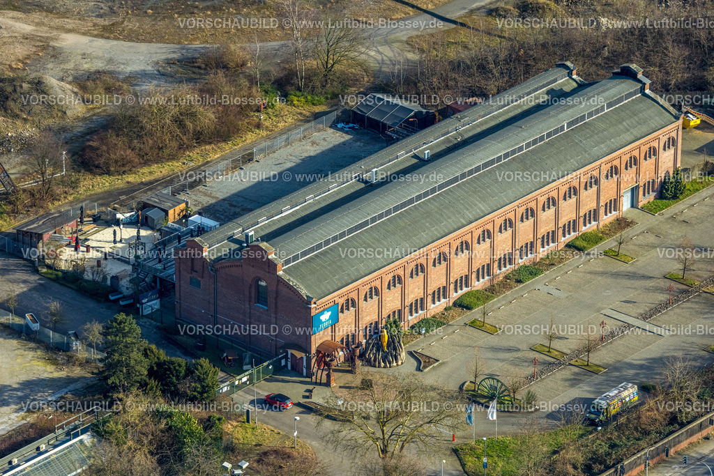 Bottrop250202514Mitte | Luftbild, ELORIA – Erlebnisfabrik Themenpark, Zechengebäude Prosper II-Gelände an der Knappenstraße, Eingangsbereich, Batenbrock-Süd, Bottrop, Ruhrgebiet, Nordrhein-Westfalen, Deutschland