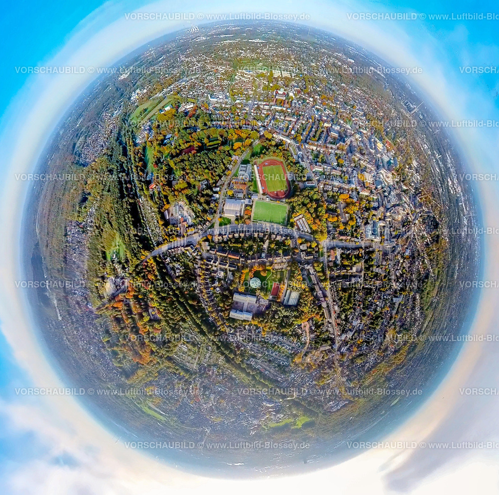 Bottrop20221006_1Jahnstadion | Luftbild, Jahnstadion Sportanlage, Heinrich-Heine-Gymnasium, Fisheye Aufnahme, Fischaugen Aufnahme, 360 Grad Aufnahme, Süd-West, Bottrop, Fisheyeaufnahme, Ruhrgebiet, Nordrhein-Westfalen, Deutschland
