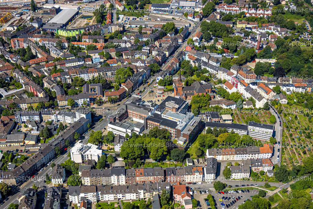 Witten230800582 | Luftbild, Marien-Hospital und Marienkirche mit Marienplatz, Sonnenschein, Witten, Ruhrgebiet, Nordrhein-Westfalen, Deutschland